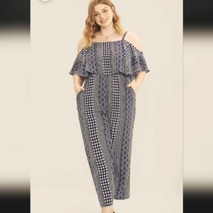 Striped Geometric Pocket Ruffles Cold Shoulder plus size Jumpsuit